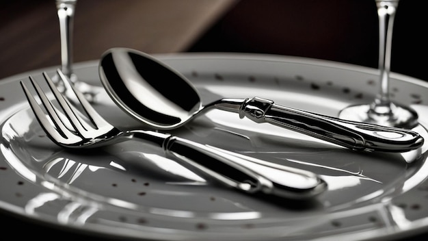 Photo une cuillère d'argent et une cuillère sont sur une table avec une assiette avec des cuillères