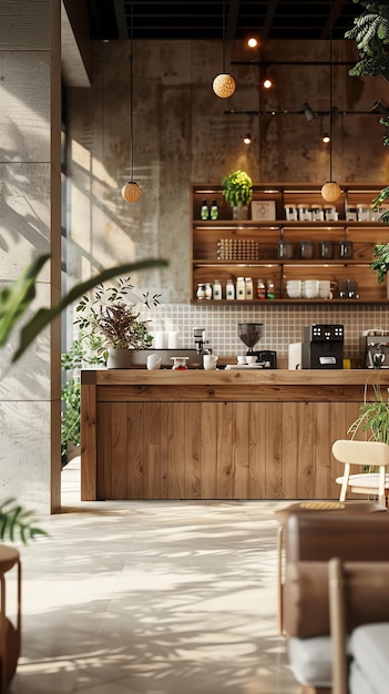 une cuisine avec une cafetière et une plante en pot sur le comptoir