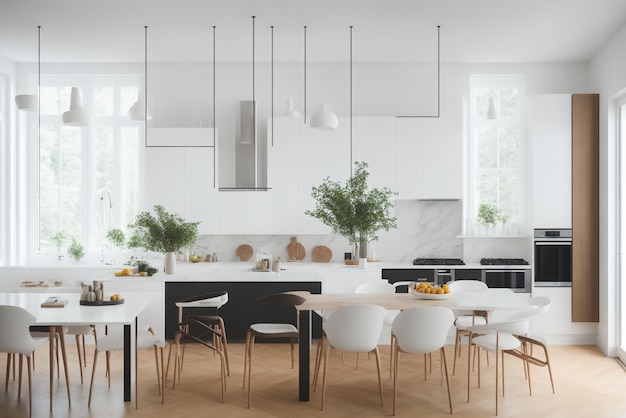 Photo une cuisine avec une table blanche et des chaises et une table avec des chaises