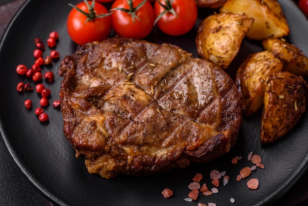 Délicieux steak de porc ou de boeuf juteux grillé avec des épices et des herbes salées