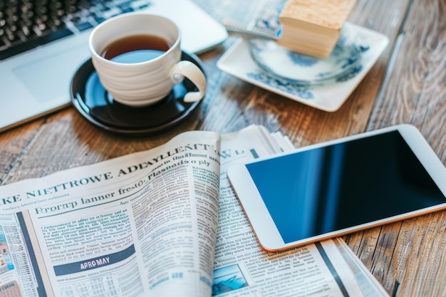 Photo le dernier flux d'actualités affiché sur la tablette de journal et le smartphone sur le bureau en image de haute qualité