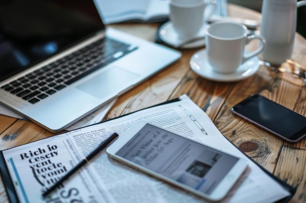 Photo le dernier flux d'actualités affiché sur la tablette de journal et le téléphone portable sur le bureau en image de haute qualité