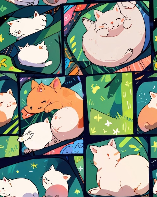 Photo un dessin animé de chats dans diverses poses dont l'une est endormie images