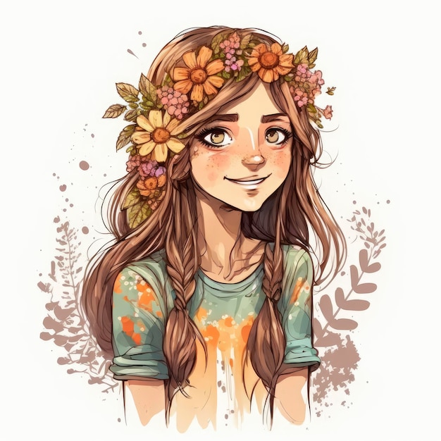 Un dessin animé d'une fille avec une couronne de fleurs sur la tête.