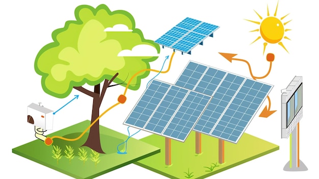 Photo un dessin animé d'un panneau solaire avec un arbre et un arbre avec un arbres en arrière-plan