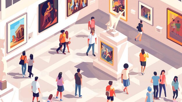 Photo un dessin animé de personnes regardant des peintures dans une galerie