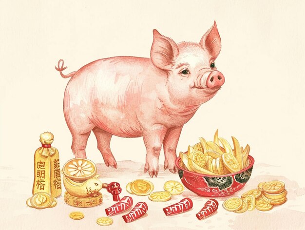 Photo un dessin d'un cochon avec un panier de frites et un paniers de frites