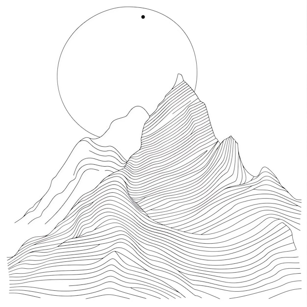 Photo un dessin d'une montagne avec une lune sur elle et un dessin en noir et blanc d'une plage