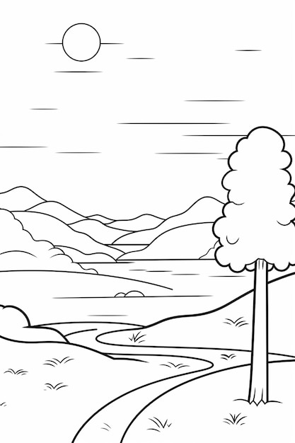 un dessin en noir et blanc d'un arbre sur une colline générative ai