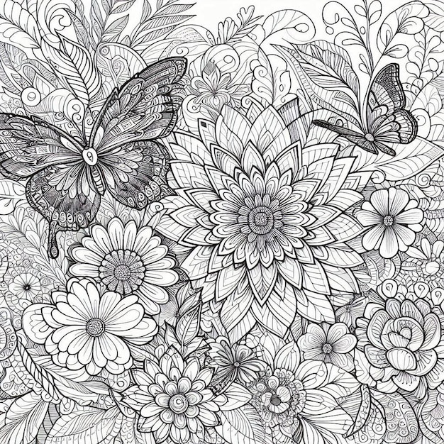 Photo un dessin en noir et blanc de fleurs et de papillons