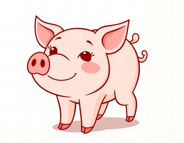 Photo des dessins animés de cochons, des lignes simples, des illustrations plates, un fond blanc, une couleur solide, un style mignon.