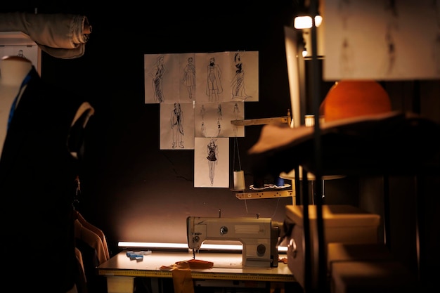 Photo dessins de conception de mode professionnelle d'une collection vestimentaire élégante de qualité supérieure sur les murs de l'atelier. studio de couture exquis avec des vêtements élégants sur mesure sur mannequins