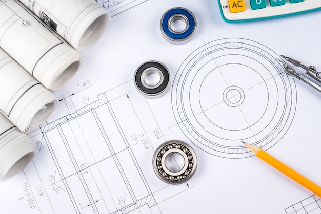 Les dessins de construction glissent les roulements à rouleaux d&#39;étrier sur l&#39;architecture de plan directeur et le concept de construction.