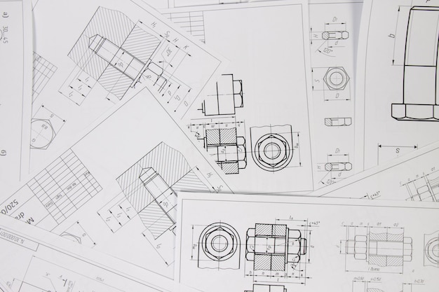 Photo dessins techniques de pièces et mécanismes industriels