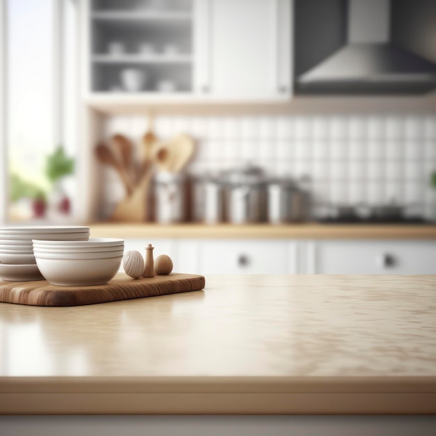 Dessus de table en bois élégant sur fond de cuisine floue - Idéal pour les présentations de produits