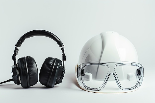 Photo deux écouteurs et un casque sur une surface blanche