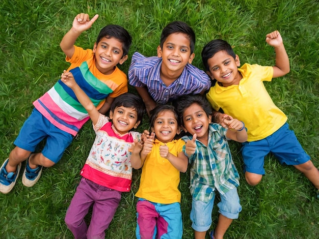 deux enfants allongés sur l'herbe avec leurs têtes se touchant