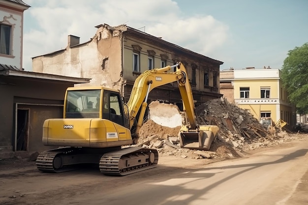 Deux excavatrices jaunes enlèvent les débris de la rue endommagée ai générative