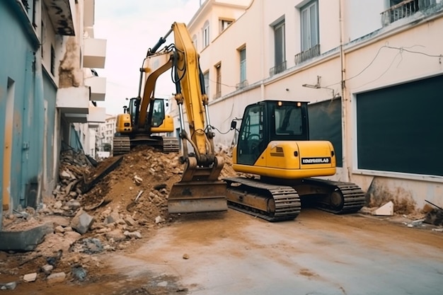 Deux excavatrices jaunes enlèvent les débris de la rue endommagée ai générative