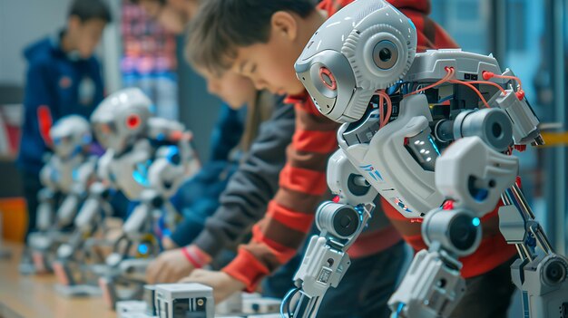 Photo deux garçons jouent avec des jouets robot et l'un d'eux porte une chemise rouge