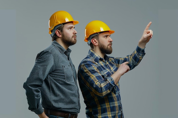 deux hommes portant des casquettes un portant un casque jaune