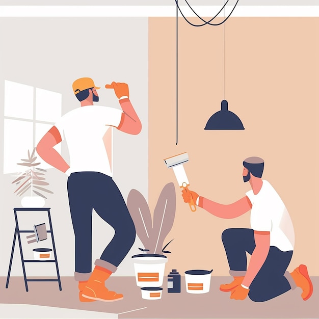 Photo deux hommes travaillent sur un projet avec une illustration de pinceau à peinture