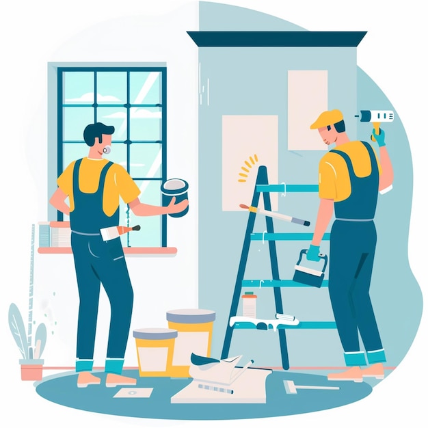 Photo deux hommes travaillent sur un projet avec une illustration de pinceau à peinture