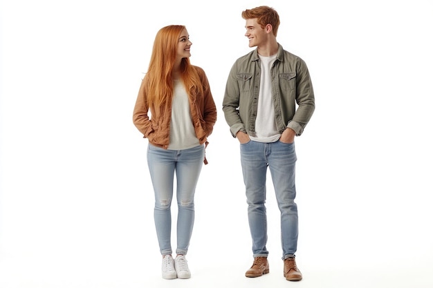 Photo deux jeunes adultes en tenue décontractée souriant et appréciant la compagnie de l'autre dans un décor minimaliste lumineux