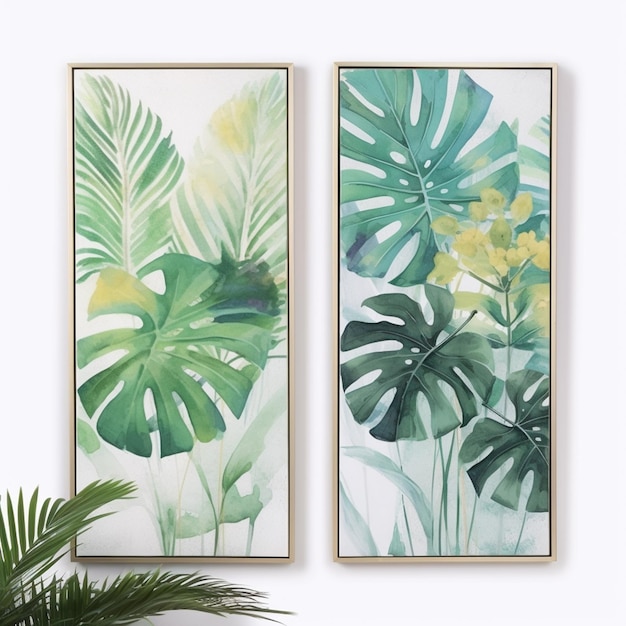 Photo deux peintures encadrées de plantes tropicales et de feuilles sur un mur génératif ai