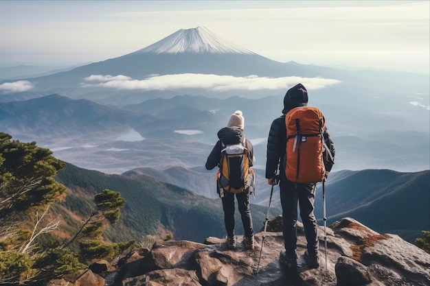 Photo deux personnes debout sur une montagne avec une montagne en arrière-plan