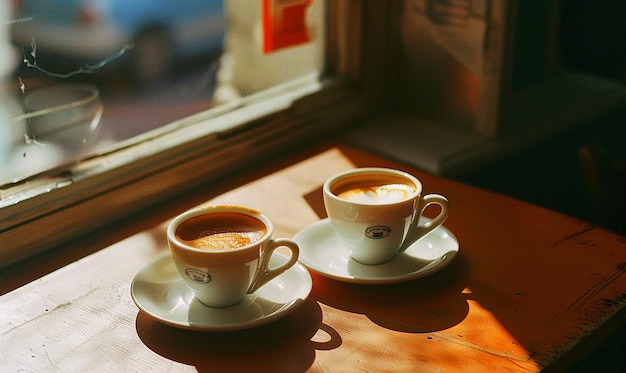 Photo deux tasses de café assises l'une à côté de l'autre sur un rebord de fenêtre