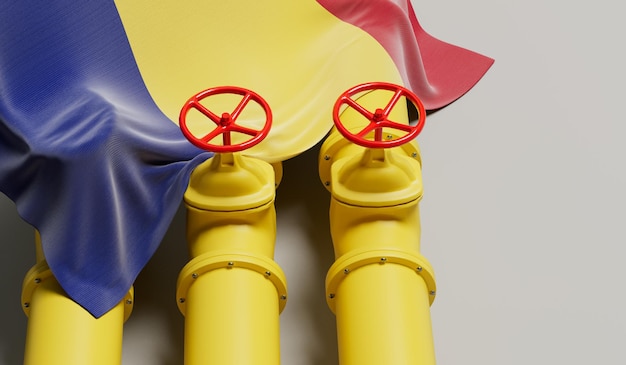 Drapeau de la Roumanie couvrant un pipeline de carburant pétrolier et gazier Concept de l'industrie pétrolière Rendu 3D