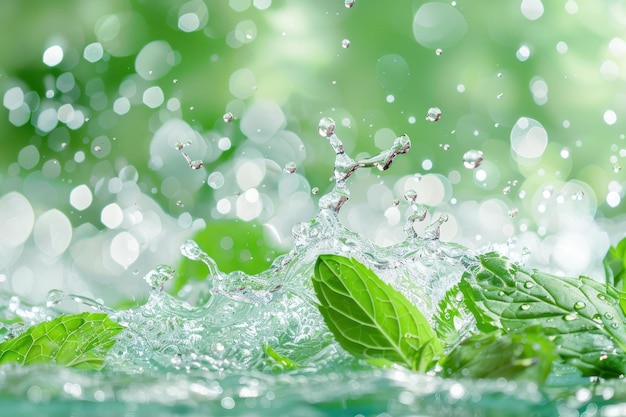 Photo Éclaboussure d'eau avec des bulles et goutte avec des feuilles de menthe sur un fond vert vif clair