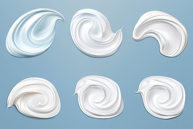 Éléments réalistes de crème pour le corps blanche Lotion Swirl et Line isolés sur fond bleu