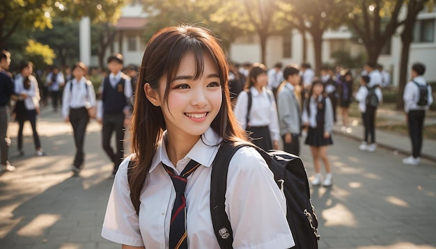 Photo un élève heureux de retour à l'école voit quelque chose dans la zone extérieure de l'école le matin.