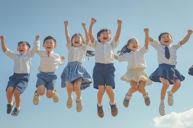 Photo des élèves de l'école primaire souriants sautent