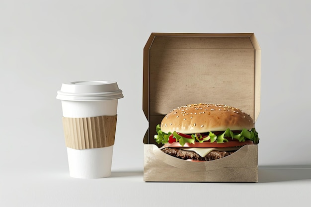 Photo emballage de boîtes à hamburgers avec des maquettes de tasses en papier à emporter