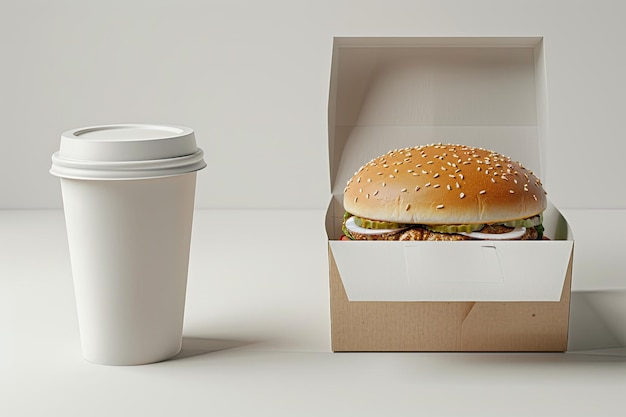 Photo emballage de boîtes à hamburgers avec des maquettes de tasses en papier à emporter