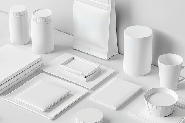 Photo empaquet d'objets de marchandise blancs sur une surface blanche