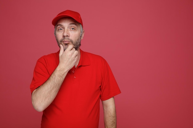 Employé de livreur en uniforme de t-shirt blanc à casquette rouge regardant la caméra avec une expression pensive tenant la main sur son menton pensant debout sur fond rouge