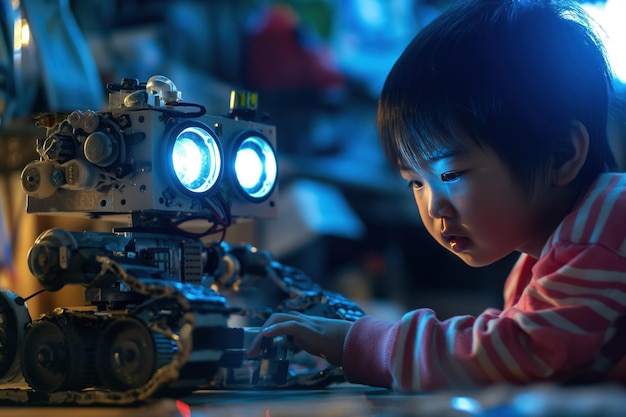 Photo un enfant joue avec un robot à table une jeune fille interagit avec un robot métallique rouge sur la tête dans une pièce sombre