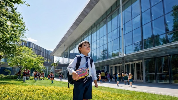 Photo enfant qui va à l'école magazine moderne photographie de style