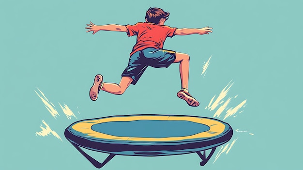 Photo un enfant sautant joyeusement sur un trampoline sur un fond bleu vibrant