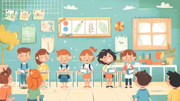 Photo des enfants de dessins animés mignons dans une salle de classe souriants et tenant des livres