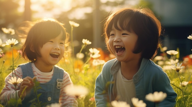 Photo des enfants heureux rient assis dans un champ de fleurs créé avec la technologie generative ai