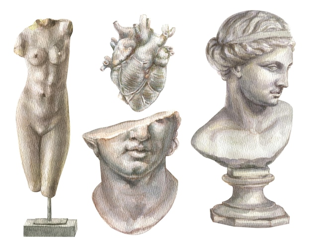 Photo ensemble aquarelle de sculptures grecques du coeur, tête féminine, corps féminin.