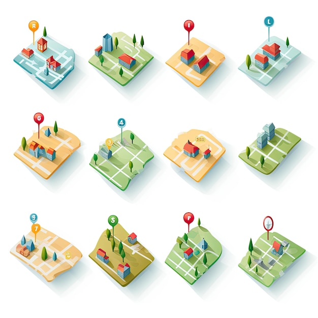 Photo ensemble d'icônes de navigation de carte de ville dans un style plat illustration vectorielle