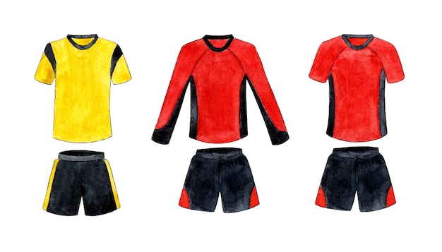 Photo ensemble d'illustrations à l'aquarelle d'uniformes de football rouges et jaunes avec du noir un ensemble de vêtements de sport