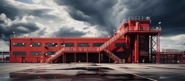 escaliers d'urgence rouges devant un grand bâtiment industriel