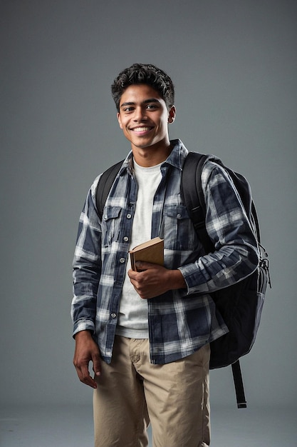 Un étudiant heureux avec un livre sur le dos